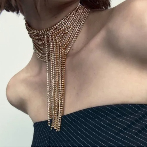 ZARA Rhinestone Necktie Necklace Goldtone NWT - Picture 1 of 9